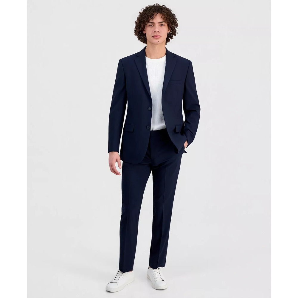DKNY Mens Modern-Fit 2-pc Suit Jacket Size 44S Navy Solid Pants 37W 30L